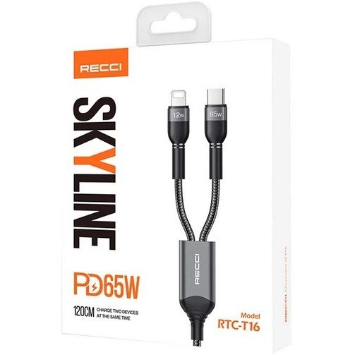 کابل شارژ سریع دو سر تایپ سی به لایتنینگ و تایپ سی 65 وات 1.2 متری رسی RTC-T16